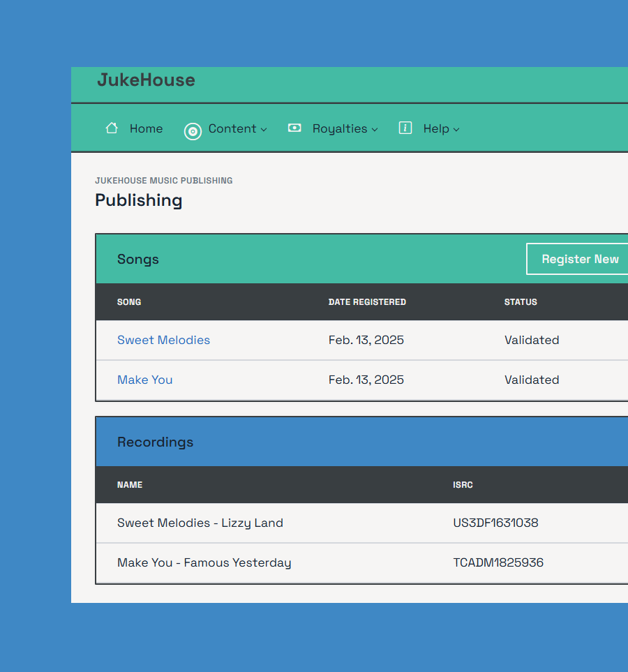 JukeHouse Music Publishing Dashboard